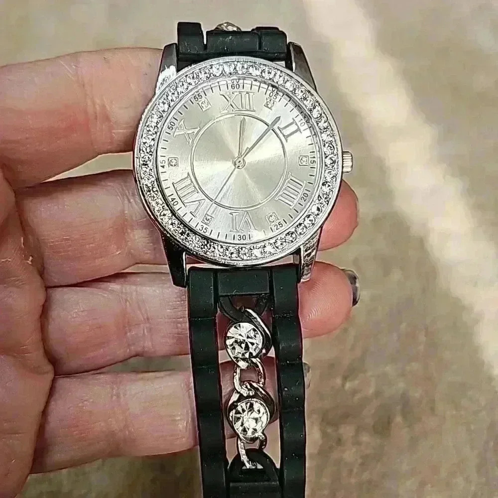 Black and Silver Toned Silicone Band and White Gem Detail Watch